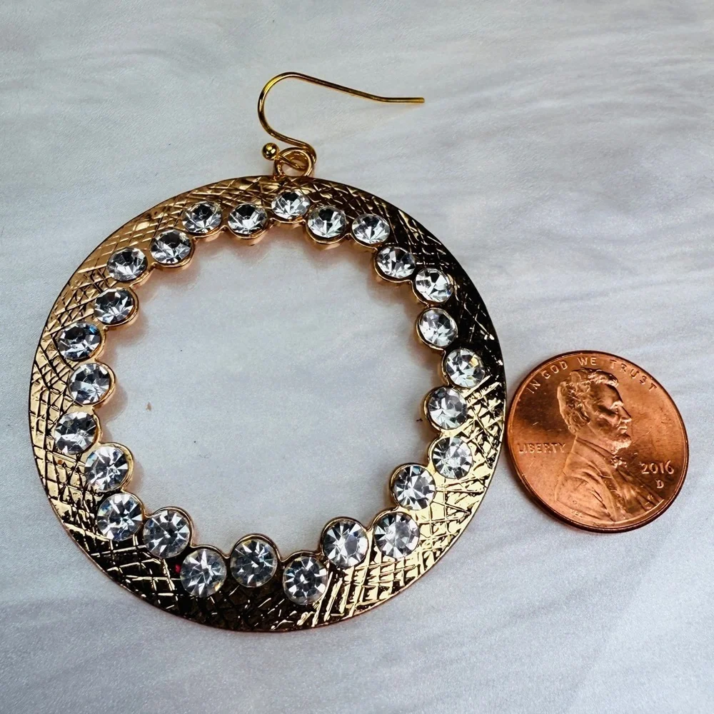 Goldtone Crystal Bling Large Circle Pierced  Earrings